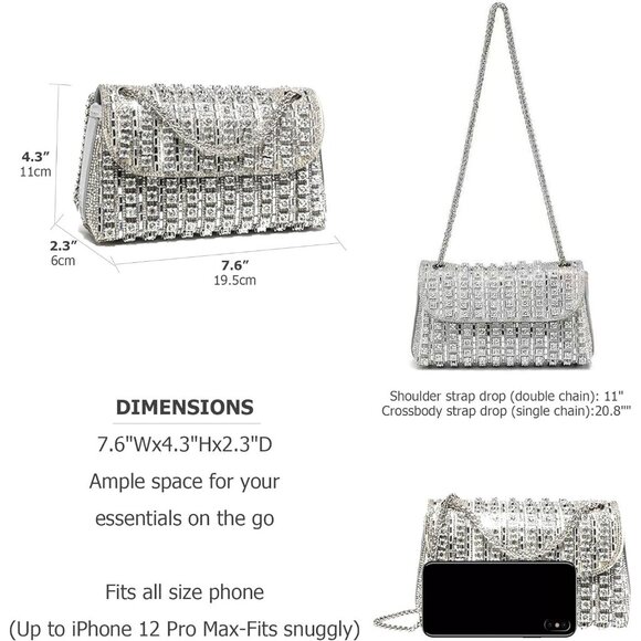 Rhinestone Clutch for Women's Sparkly Shoulder Bag for Evening & Party -SILVER - Picture 2 of 9
